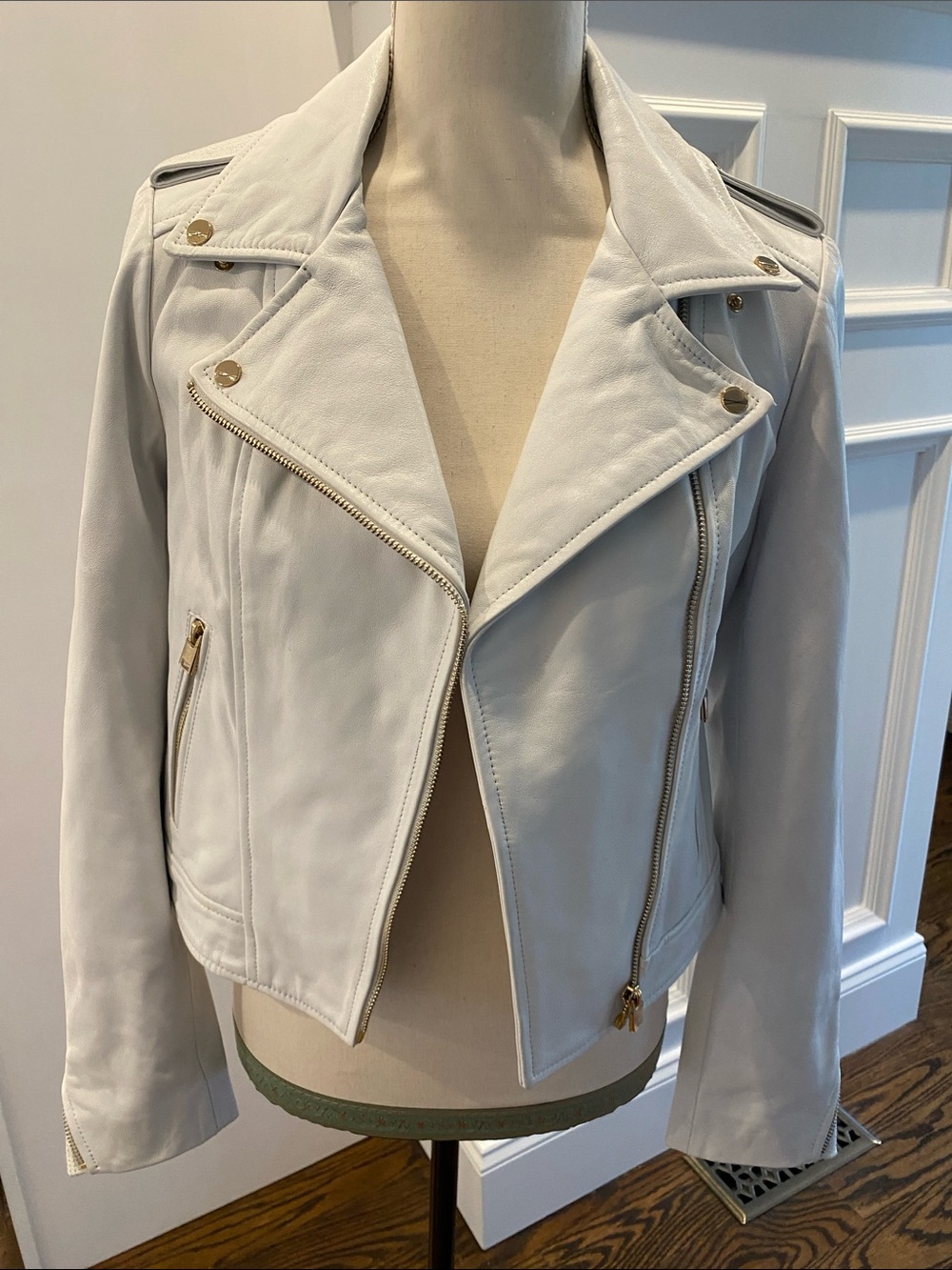 Lamarque White Lamb Leather Moto Jacket with Gold-Tone Hardware